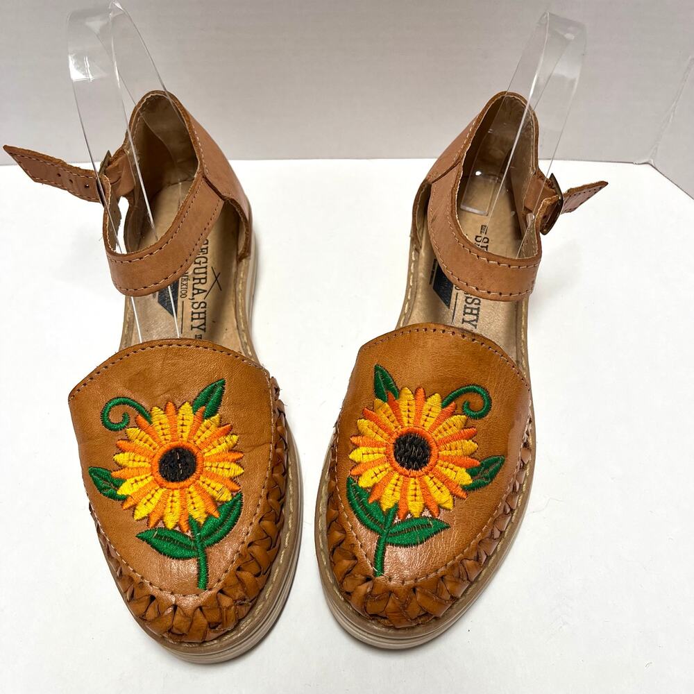 Segura Shy Sunflower Embroidered Leather Huarache Sandals Boho 6/37 Artisan - Picture 2 of 10